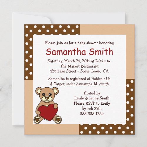 CuteTeddy Bear Baby Shower Invitation Brown Red