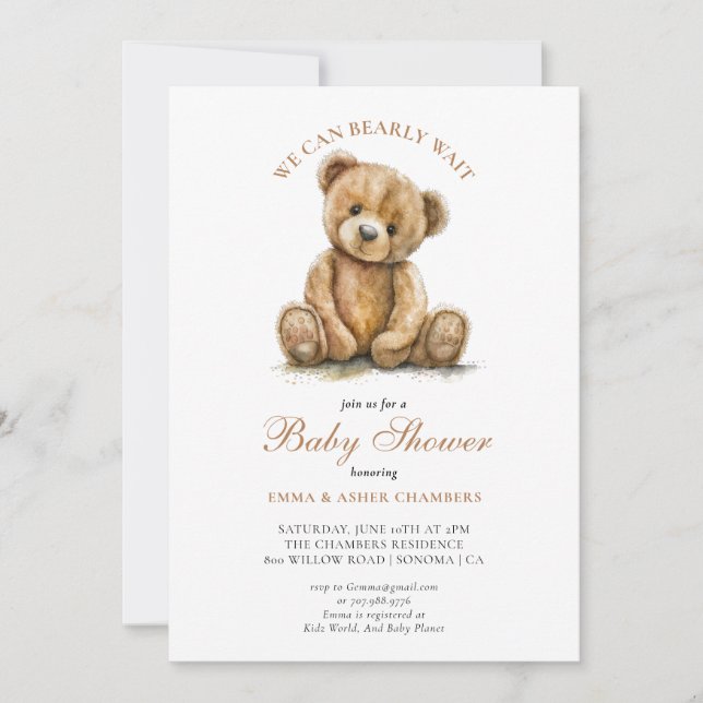 CuteWe Can Bearly Wait Teddy Bear Baby Shower Invitation (Front)