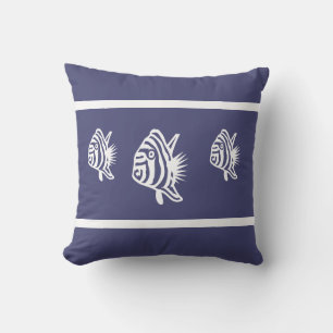 Cutewhite fish on soft navy Outdoor coastal living Throw Pillow