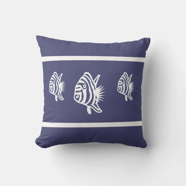 Cutewhite fish on soft navy Outdoor coastal living Throw Pillow (Front)