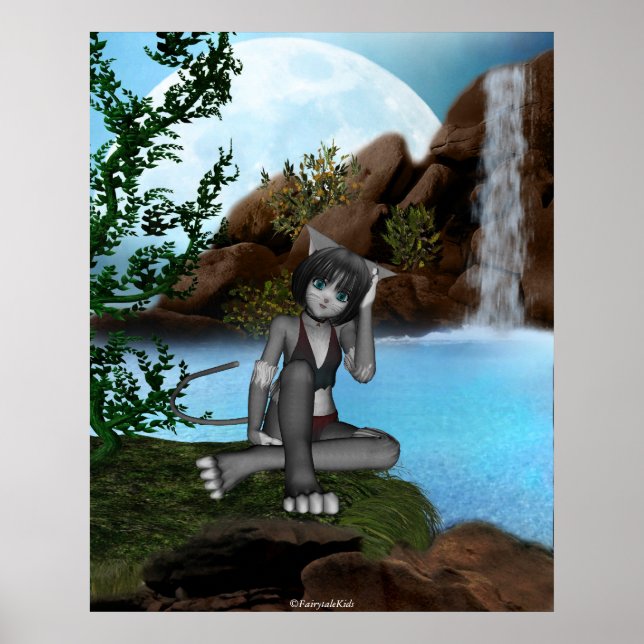 Cutie Anime Kitten Waterfalls Moon 3 Poster (Front)