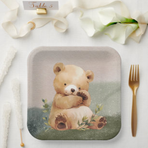 Cutie Baby Bear Watercolor Baby Shower Paper Plates
