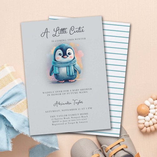 Cutie Coming This Winter Penguin Boy Baby Shower Invitation