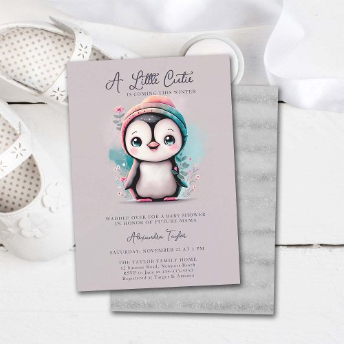 Cutie Coming This Winter Penguin Girl Baby Shower Invitation