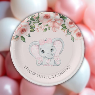 Cutie Elephant Blush Pink Floral Girl Baby Shower Paper Plates
