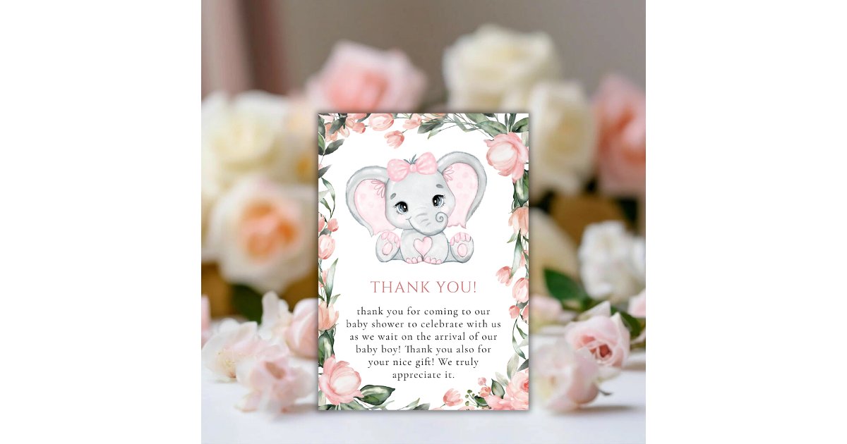 Cutie Elephant Blush Pink Floral Girl Baby Shower Thank You Card | Zazzle