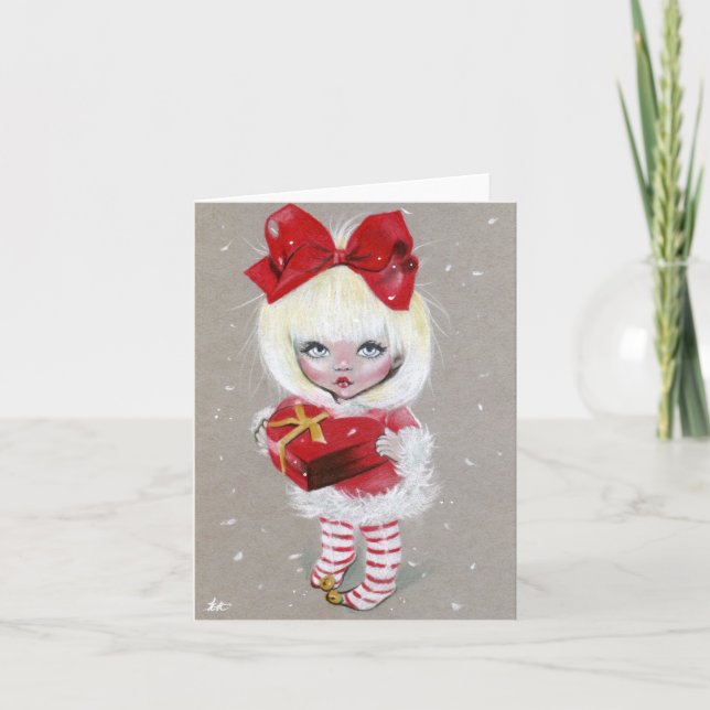 Cutie girl holding christmas box heart card (Front)
