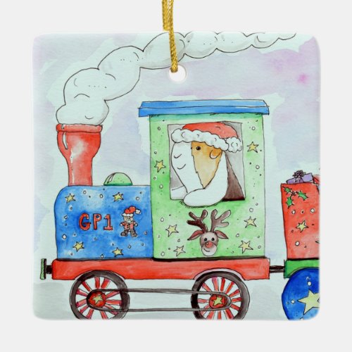 Cutie in her Christmas Train Watercolour Painting Ceramic Ornament