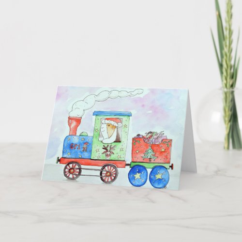 Cutie in her Christmas Train Watercolour Painting Holiday Card