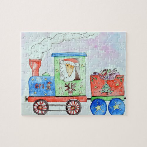 Cutie in her Christmas Train Watercolour Painting Jigsaw Puzzle