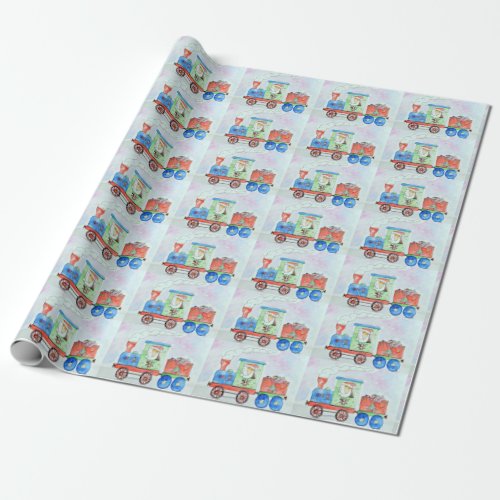 Cutie in her Christmas Train Watercolour Painting Wrapping Paper