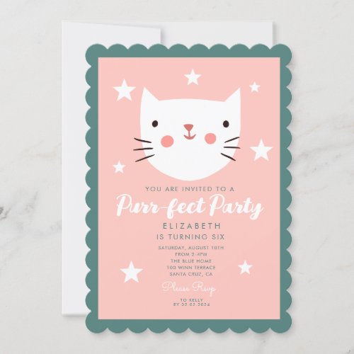 Cutie Kitty Pink Green Purple Stars Birthday Invitation