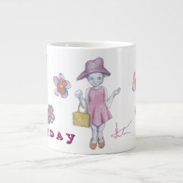 Cutie little girl with handbag paying dress-up giant coffee mug