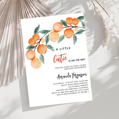 Cutie on the way oranges watercolored baby shower invitation