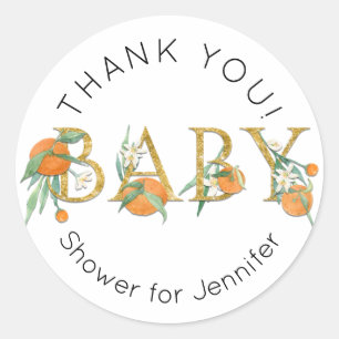 Cutie Orange Floral Greenery Thank You Baby Shower Classic Round Sticker