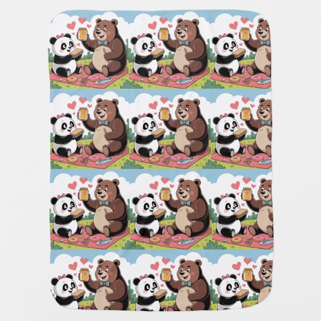 cutie panda and cutie bear eat garden picnic baby blanket (Front)