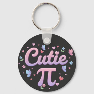 Cutie Pi Symbol Math Pun Pink Butterfly Hearts Keychain