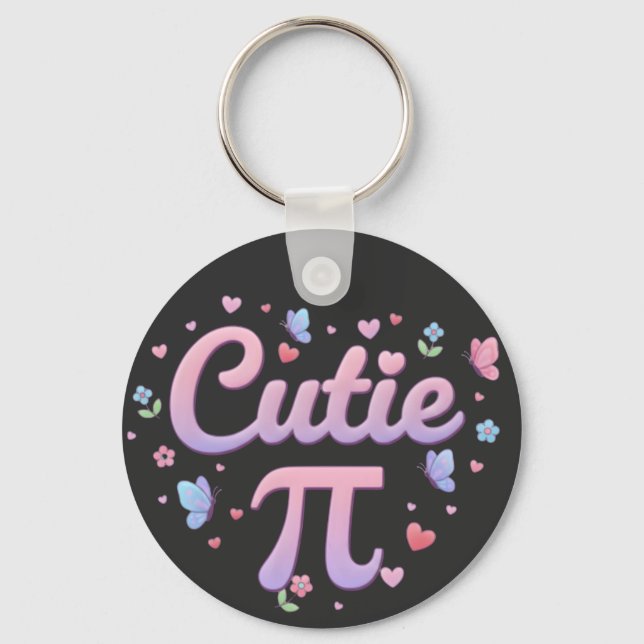 Cutie Pi Symbol Math Pun Pink Butterfly Hearts Keychain (Front)