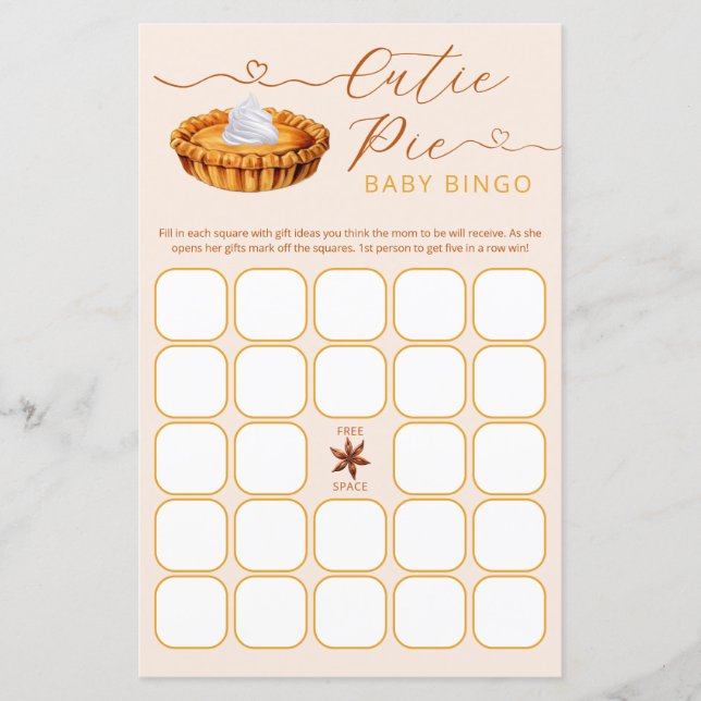 Cutie Pie Baby Shower – Bingo Game (Front)