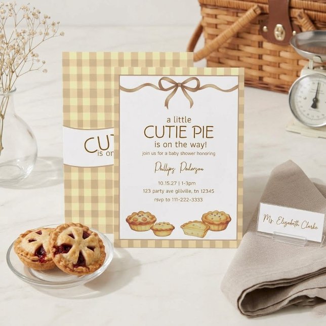 Cutie Pie Baby Shower  Neutral Gingham Bow Invitation (Creator Uploaded)