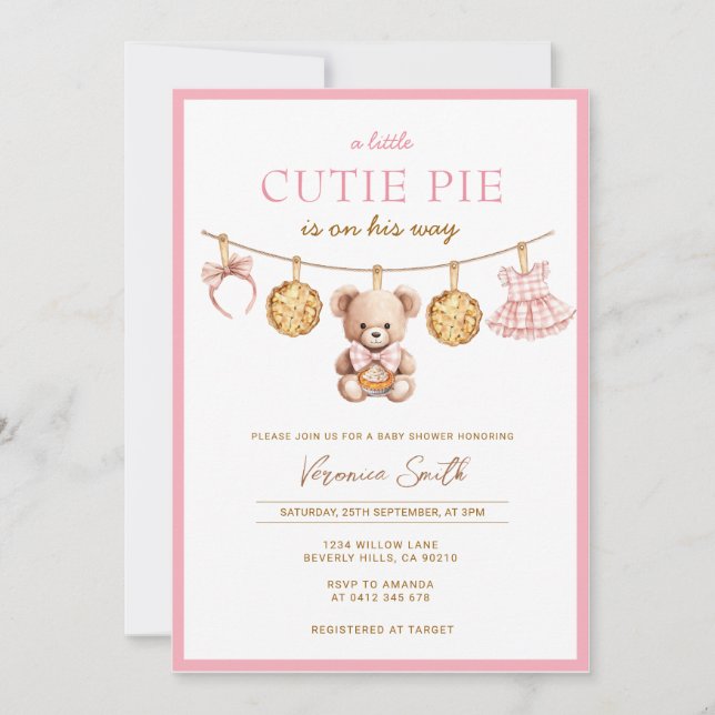 Cutie Pie Bear Girl Baby Shower Invitation (Front)