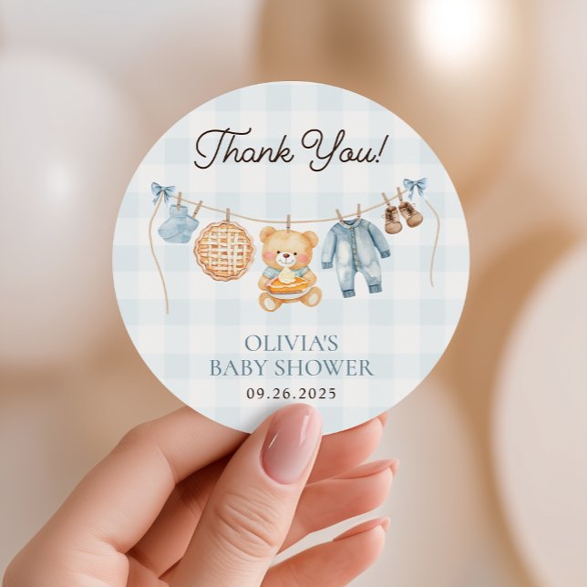 Cutie Pie Blue Fall Bear Boy Baby Shower Favor Classic Round Sticker (Creator Uploaded)