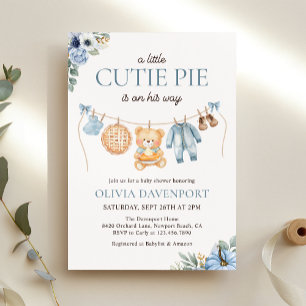 Cutie Pie Blue Fall Teddy Bear Boy Baby Shower Invitation