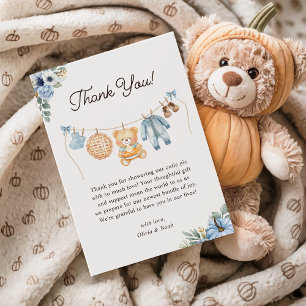 Cutie Pie Blue Fall Teddy Bear Boy Baby Shower Thank You Card