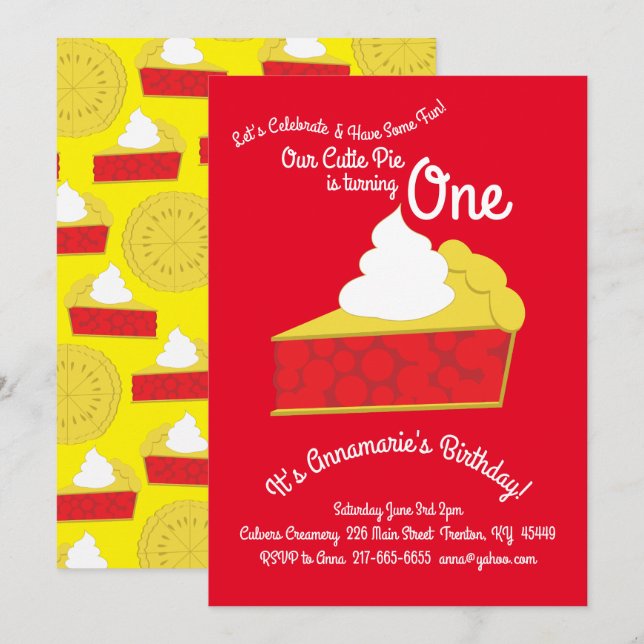Cutie Pie Cherry Pie 1st Birthday Cute Invitations (Front/Back)