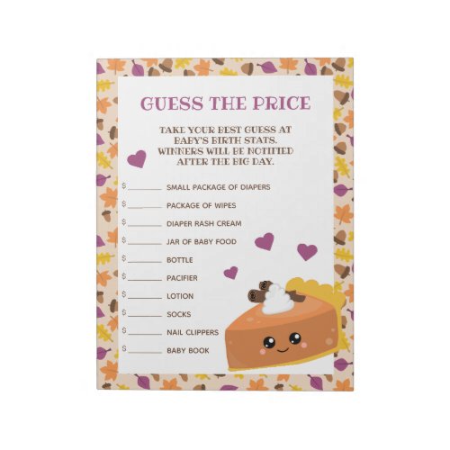 Cutie Pie Fall Baby Shower Guess the Price Notepad