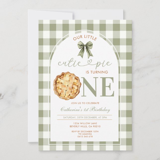 Cutie Pie First Birthday Green Gingham Invitation (Front)