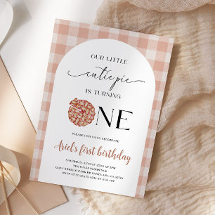 Cutie Pie First Birthday Peach Gingham Party Invitation