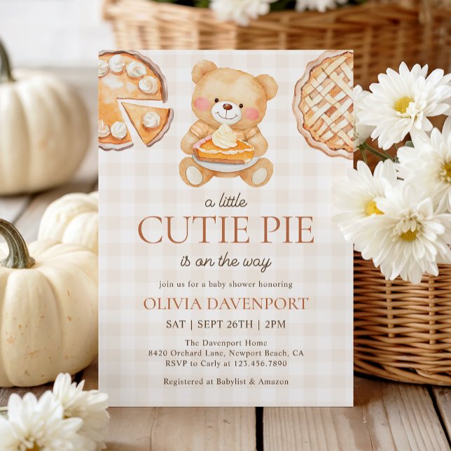 Cutie Pie Gingham Teddy Bear Fall Baby Shower Invitation (Creator Uploaded)