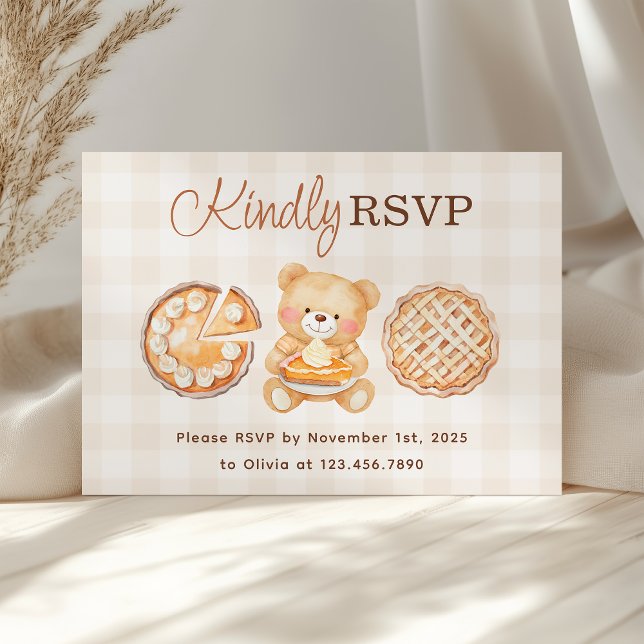 Cutie Pie Gingham Teddy Bear Fall Baby Shower RSVP Card (Creator Uploaded)