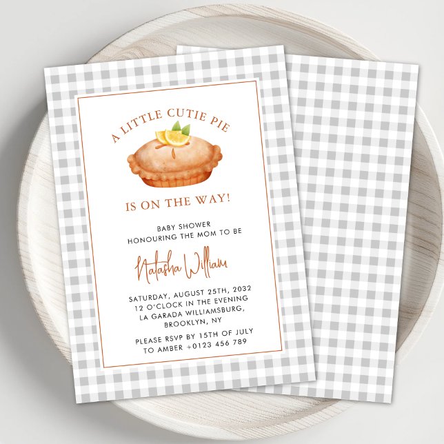 Cutie Pie Grey Checkered Fall Baby Shower Invitation (Creator Uploaded)