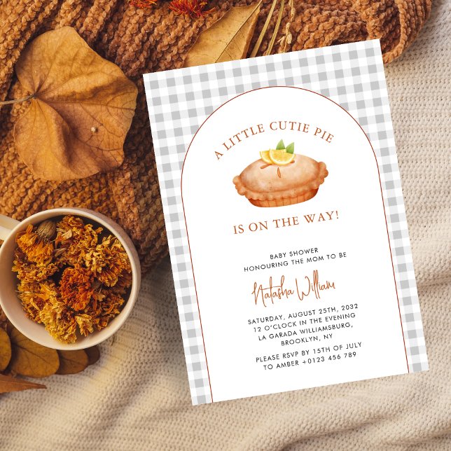 Cutie Pie Grey Gingham Checkered Fall Baby Shower Invitation (Creator Uploaded)