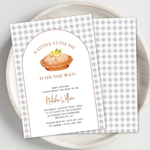 Cutie Pie Grey Gingham Checkered Fall Baby Shower Invitation