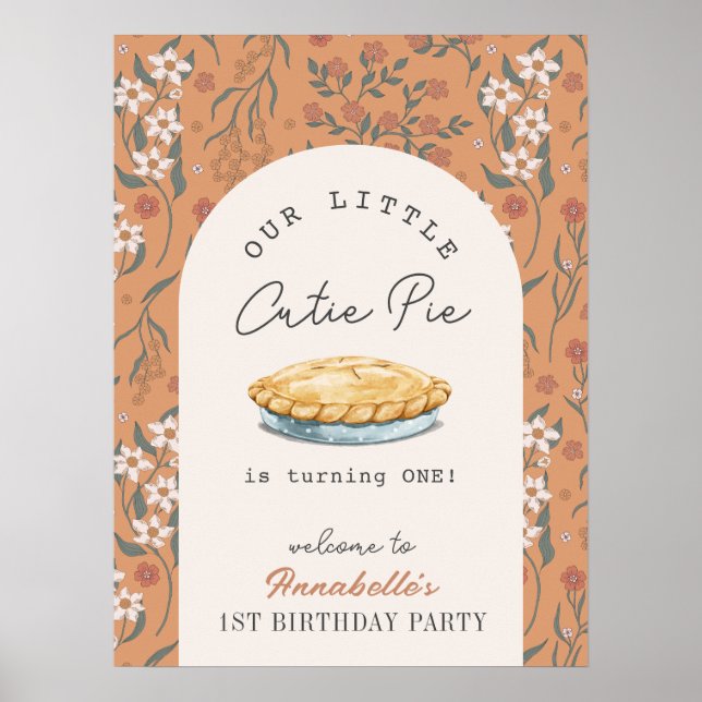 Cutie Pie Orange Floral 1st Birthday Welcome Poster (Front)
