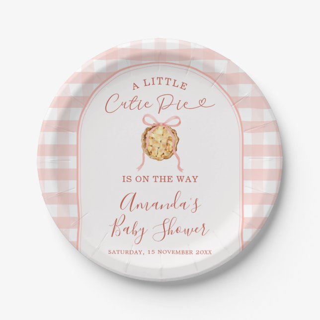 Cutie Pie Pastel Pink Bow Gingham Fall Baby Shower Paper Plates (Front)