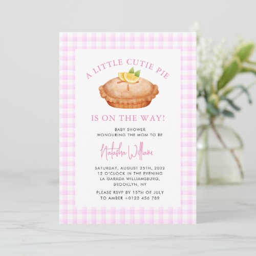Cutie Pie Pink Checkered Fall Baby Shower Invitation