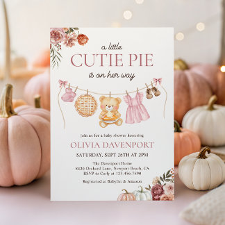 Cutie Pie Pink Fall Teddy Bear Girl Baby Shower Invitation