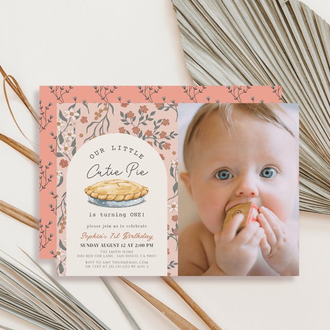 Cutie Pie Pink Floral Girl 1st Birthday Photo Invitation (Creator Uploaded)