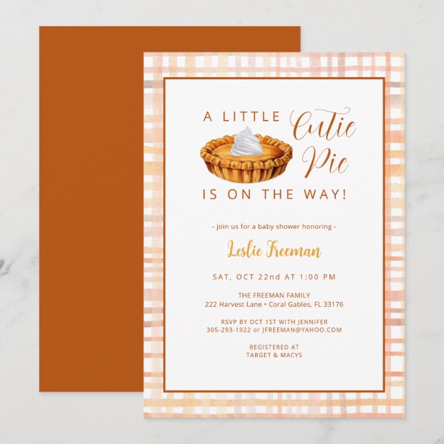 Cutie Pie Pumpkin Baby Shower Invite (Front/Back)