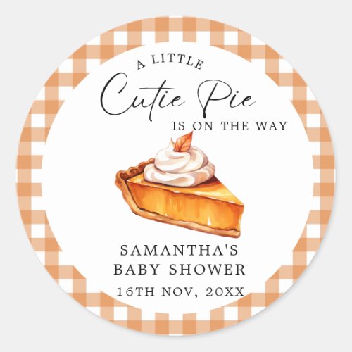 Cutie Pie Pumpkin Fall Gingham Baby Shower  Classic Round Sticker