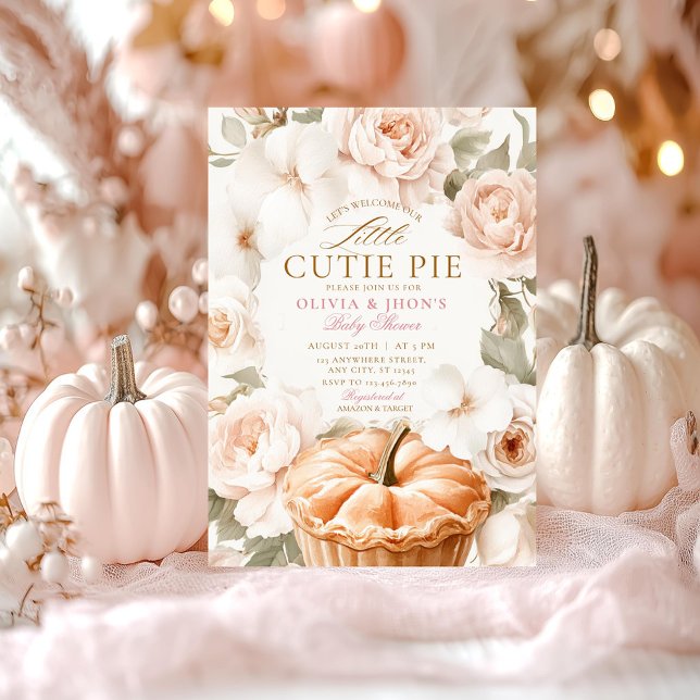 Cutie Pie Pumpkin Floral Pink Bow Baby Shower Invitation (Creator Uploaded)