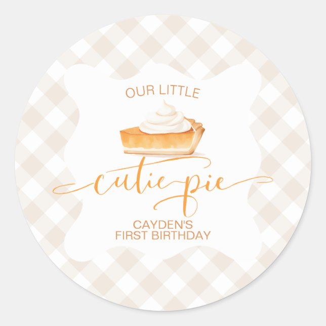 Cutie Pie pumpkin pie Fall plaid First Birthday Classic Round Sticker (Front)