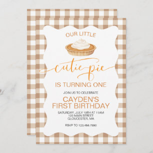 Cutie Pie pumpkin pie Fall plaid First Birthday Invitation