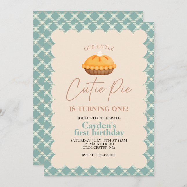 Cutie Pie pumpkin pie Fall plaid First Birthday Invitation (Front/Back)