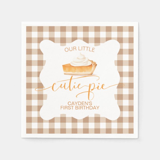 Cutie Pie pumpkin pie Fall plaid First Birthday Napkins (Front)