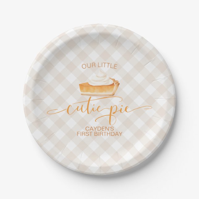 Cutie Pie pumpkin pie Fall plaid First Birthday Paper Plates (Front)